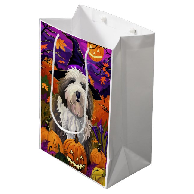 Sac Cadeau Moyen Vieux anglais Sheepdog Halloween sorcier Citrouill (Devant Angle)