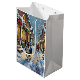 Sac Cadeau Moyen Village de Noël enneigé vintage avec Border Collie