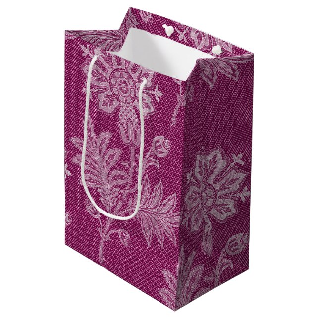 Sac Cadeau Moyen Vin de Bourgogne Broderie Florale Mariage (Devant Angle)