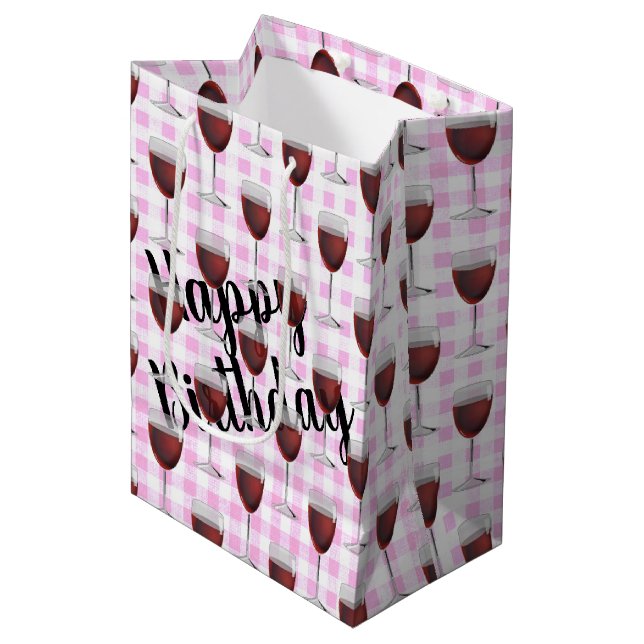 Sac Cadeau Moyen Vin Rouge Anniversaire Sur En vichy Rose (Devant Angle)