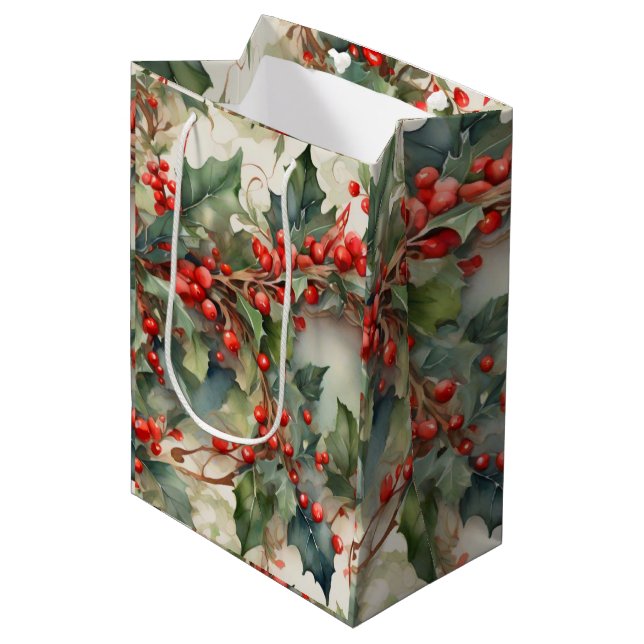 Sac Cadeau Moyen Vintage aquarelle sainte baies feuilles (Devant Angle)