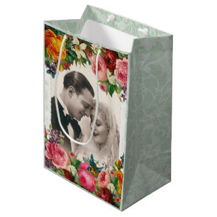 Sac Cadeau Moyen Vintage Couple en amour Mariage Rose Cadeau
