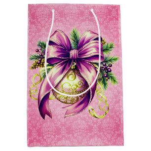 Sac Cadeau Moyen Vintage Damask Purple Pink Ornements Noël
