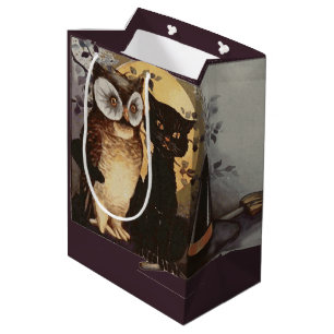 Sac Cadeau Moyen Vintage Halloween Chat noir et hibou sorcière Casq