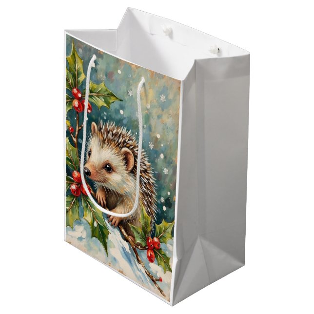Sac Cadeau Moyen Vintage Hedgehog Among Holly Christmas (Devant Angle)