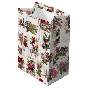 Sac Cadeau Moyen Vintage Noël Floral avec musique et texte orné
