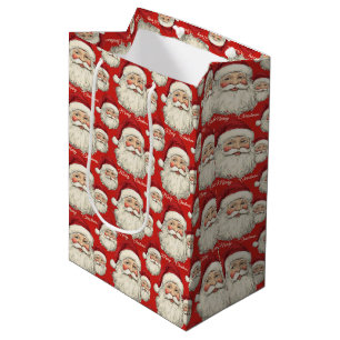 Sac Cadeau Moyen Vintage Retro souriant Père Noël Face Rouge