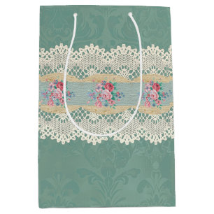 Sac Cadeau Moyen Vintage Smokey Pine vert Damask Roses dentelle
