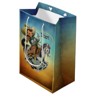 Sac Cadeau Moyen Vintage Western Cowboy Kid On Horse avec corde