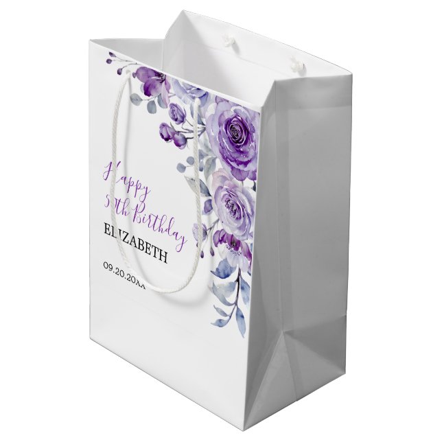 Sac Cadeau Moyen Violet Rose verdure Floral Anniversaire (Dos Angle)