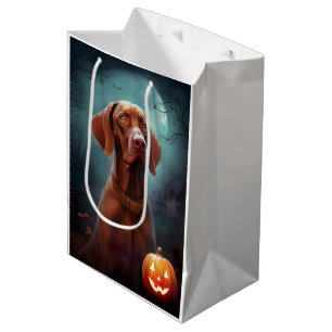 Sac Cadeau Moyen Vizsla d'Halloween avec la peur Citrouille