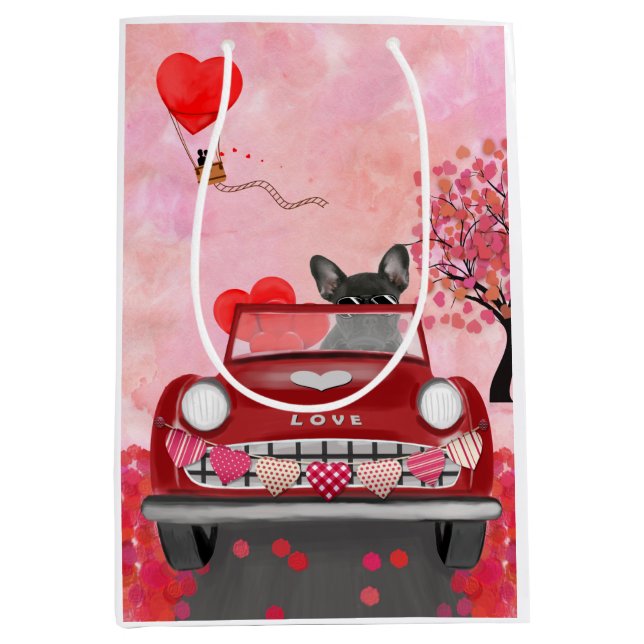 Sac Cadeau Moyen Voiture Bulldog française avec Coeurs Saint-Valent (Devant)