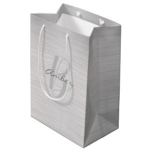 Sac Cadeau Moyen Votre nom et monogramme, acier brossé, texte scrip