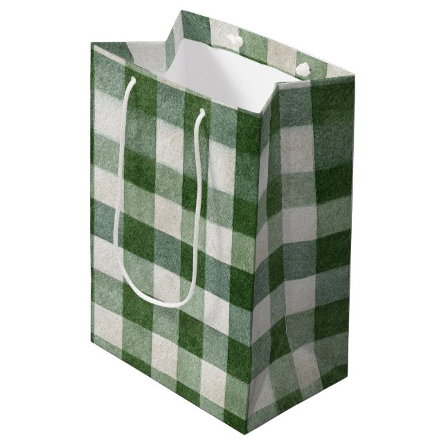 Sac Cadeau Moyen Warm Cream Green Plaid Stripes Christmas (Devant Angle)