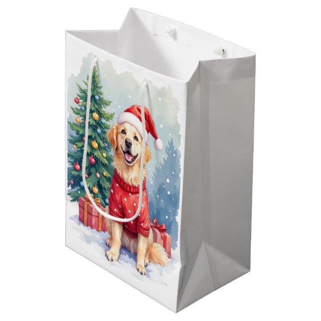 Sac Cadeau Moyen Warm Watercolor Golden Retriever Christmas Tree (Devant Angle)