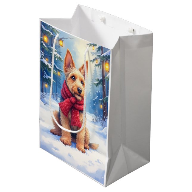 Sac Cadeau Moyen Watercolor Airedale Terrier Snowy Christmas (Devant Angle)
