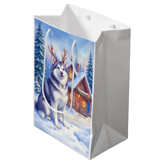 Sac Cadeau Moyen Watercolor Alaskan Malamute Reindeer Christmas (Devant Angle)