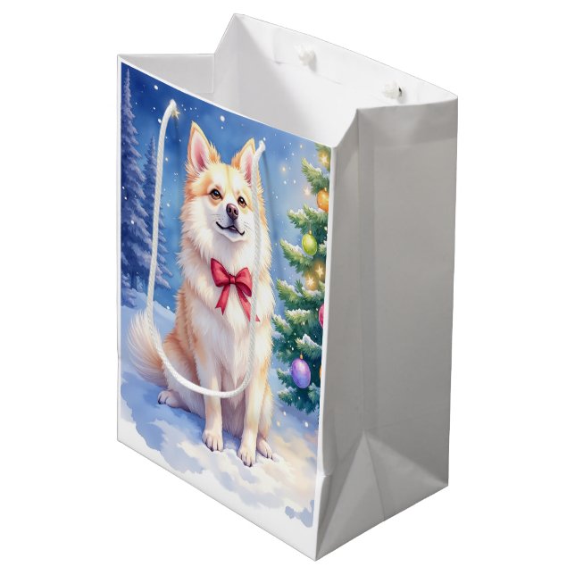 Sac Cadeau Moyen Watercolor American Eskimo Dog Sparkling Christmas (Devant Angle)
