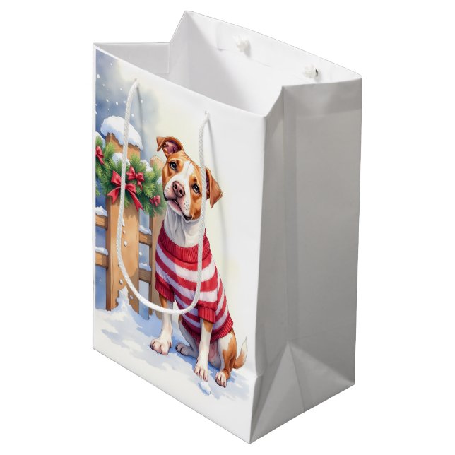 Sac Cadeau Moyen Watercolor American Pit Bull Terrier Festive (Devant Angle)
