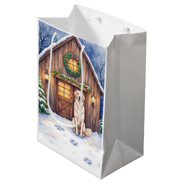 Sac Cadeau Moyen Watercolor Anatolian Shepherd Dog Rustic Barn (Devant Angle)