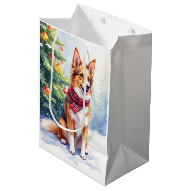Sac Cadeau Moyen Watercolor Australian Shepherd Glowing Christmas (Devant Angle)