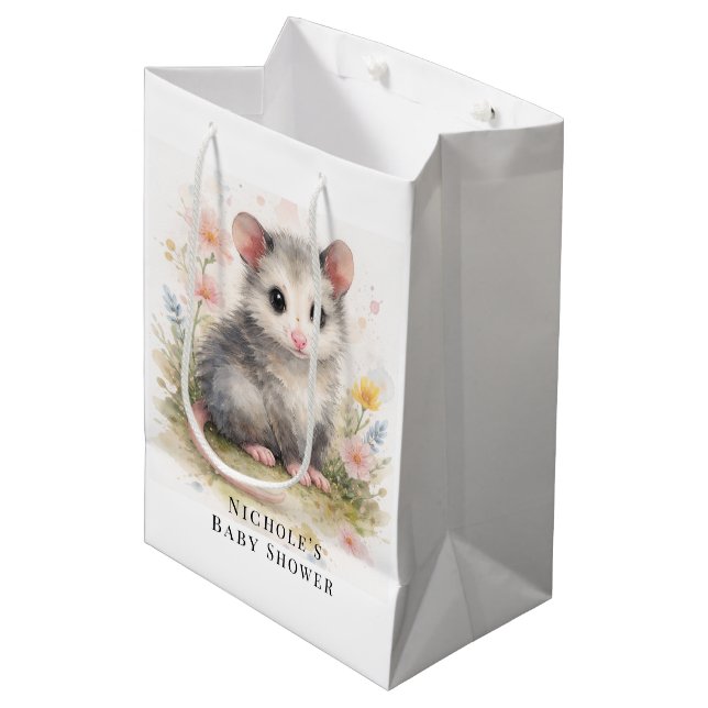 Sac Cadeau Moyen Watercolor Baby Possum Baby Shower  (Devant Angle)