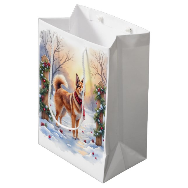 Sac Cadeau Moyen Watercolor Belgian Tervuren Garland Christmas (Devant Angle)