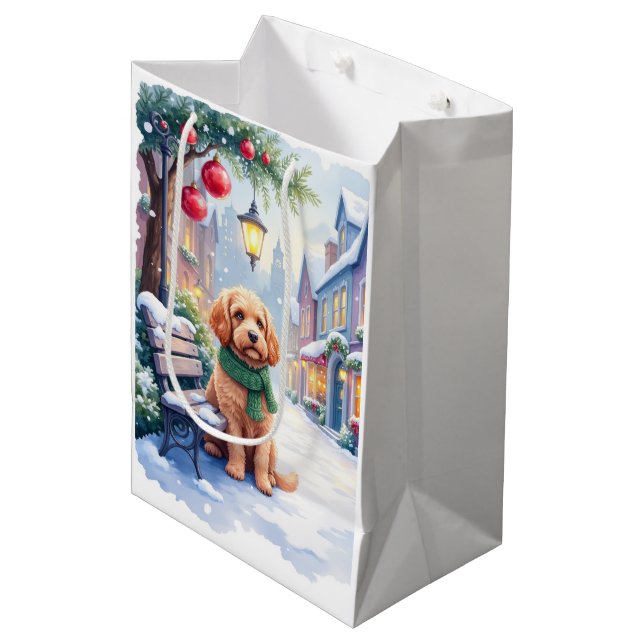 Sac Cadeau Moyen Watercolor Bolognese Festive Town Bench Christmas  (Devant Angle)