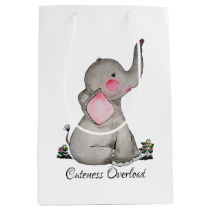 Sac Cadeau Moyen Watercolor Cute Baby Elephant With Blush & Flowers