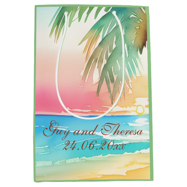 Sac Cadeau Moyen Watercolor Mariage de plage tropicale (Devant)