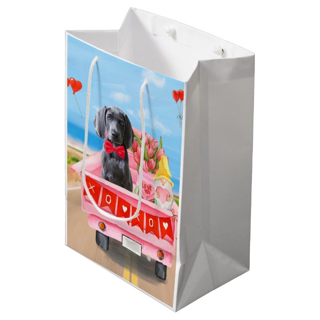 Sac Cadeau Moyen Weimaraner Chien Valentine's Day Coeurs de camion (Devant Angle)
