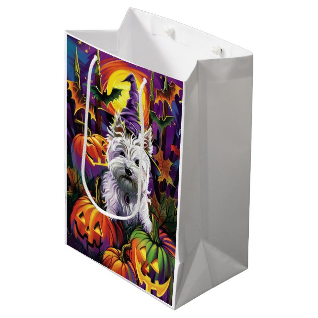 Sac Cadeau Moyen West Highland White Terrier Chien Halloween sorciè (Devant Angle)