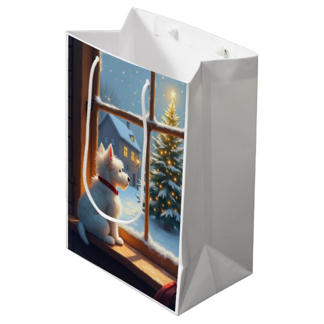 Sac Cadeau Moyen West Highland White Terrier Christmas Morning View (Devant Angle)