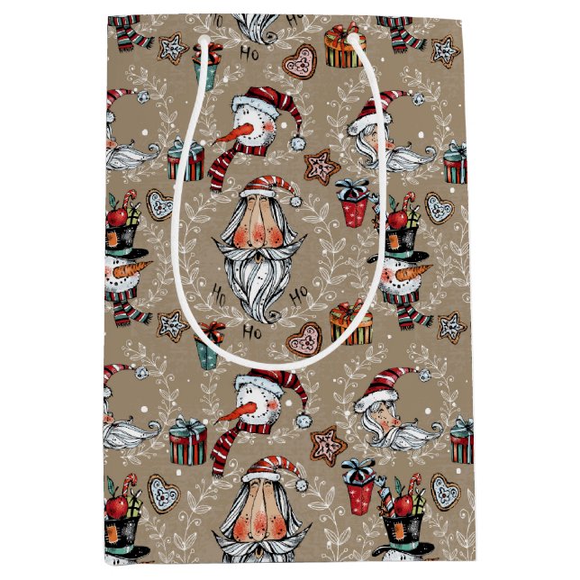 Sac Cadeau Moyen Whimsical Christmas Santa and Snowman  (Devant)
