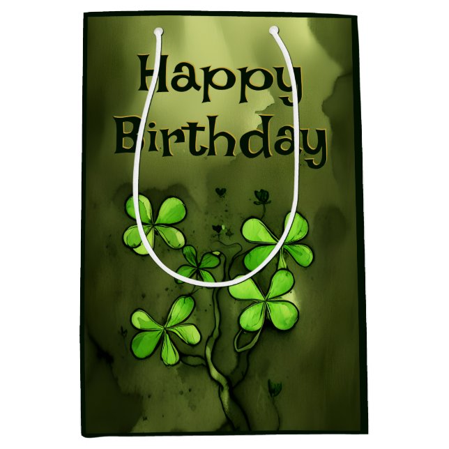 Sac Cadeau Moyen Whimsical Clovers Irlandais Joyeux anniversaire (Devant)