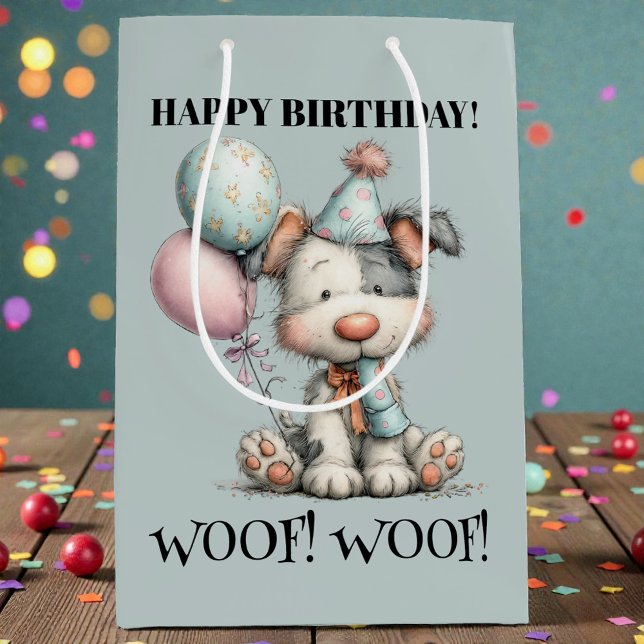 Sac Cadeau Moyen Whimsical Dog Watercolor Birthday (Créateur téléchargé)