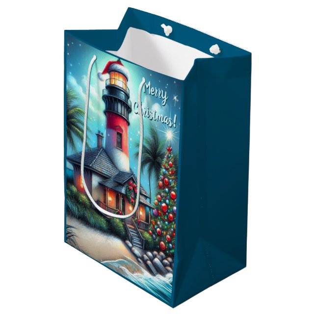Sac Cadeau Moyen Whimsical Tropical Christmas Lighthouse Turquoise  (Devant Angle)