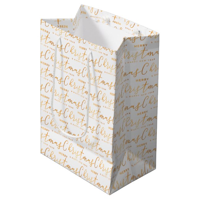 Sac Cadeau Moyen White and Gold Merry Christmas Word Art (Devant Angle)