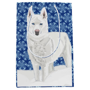 Sac Cadeau Moyen White Husky contre les lacs de neige et le ciel bl