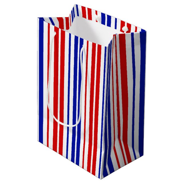 Sac Cadeau Moyen White Red Blue Stripes Pattern   (Devant Angle)