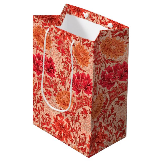 Sac Cadeau Moyen William Morris Chrysanthemums, Coral Orange (Devant Angle)