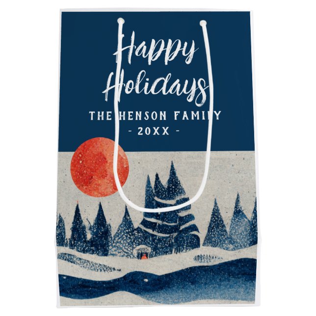 Sac Cadeau Moyen Winter Landscape Forest Moon Navy Blue Drawing  (Dos)