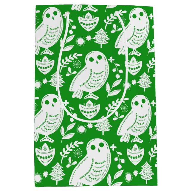 Sac Cadeau Moyen Wise Owl Folk Art Green Holiday (Devant)