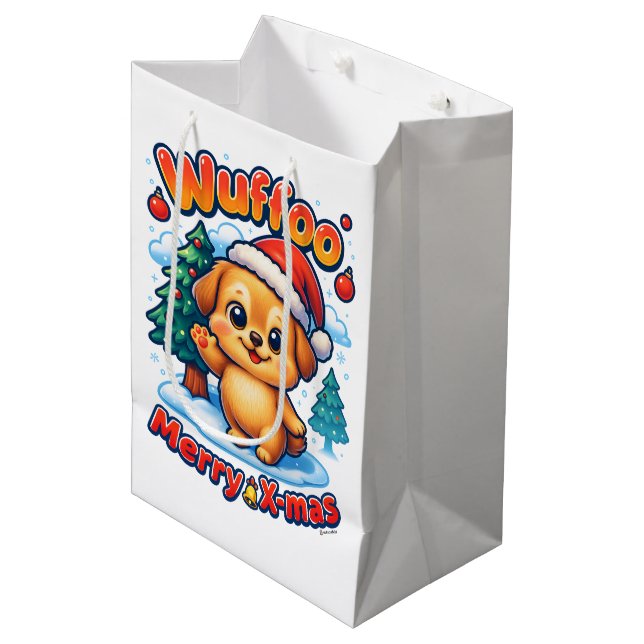 Sac Cadeau Moyen Wuffoo Roony Merry X-mas Kawaii 3D Holiday (Devant Angle)