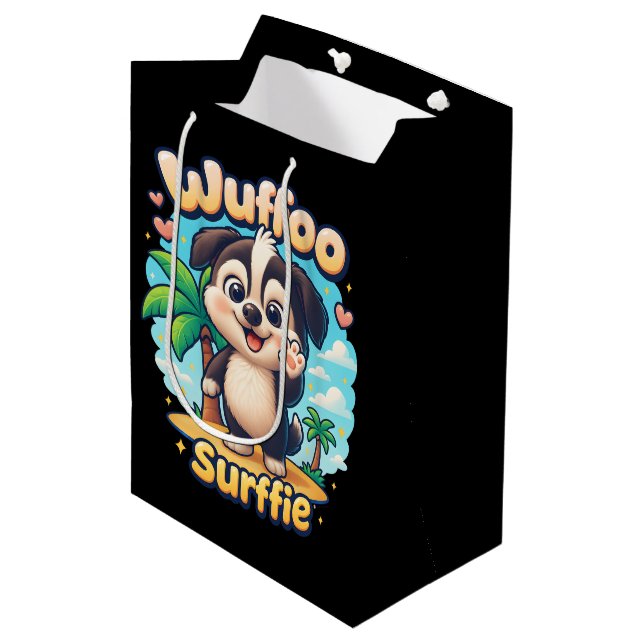 Sac Cadeau Moyen Wuffoo Surffie Cute Kawaii Puppy Tropical Island (Devant Angle)