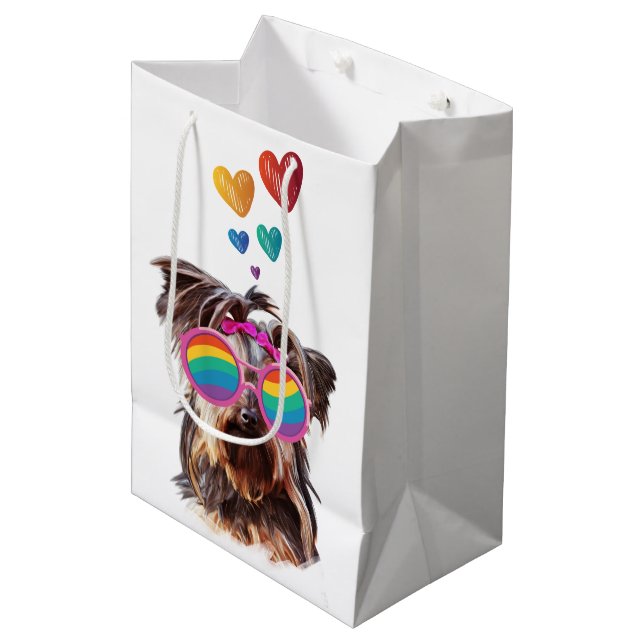 Sac Cadeau Moyen Yorkie Chien avec Coeurs Saint-Valentin (Devant Angle)