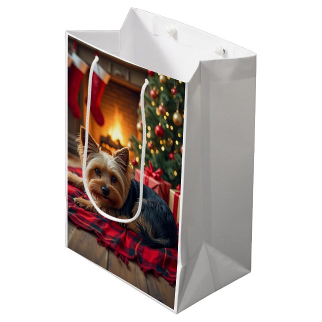 Sac Cadeau Moyen Yorkshire Terrier Cozy Christmas Evening Painting (Devant Angle)
