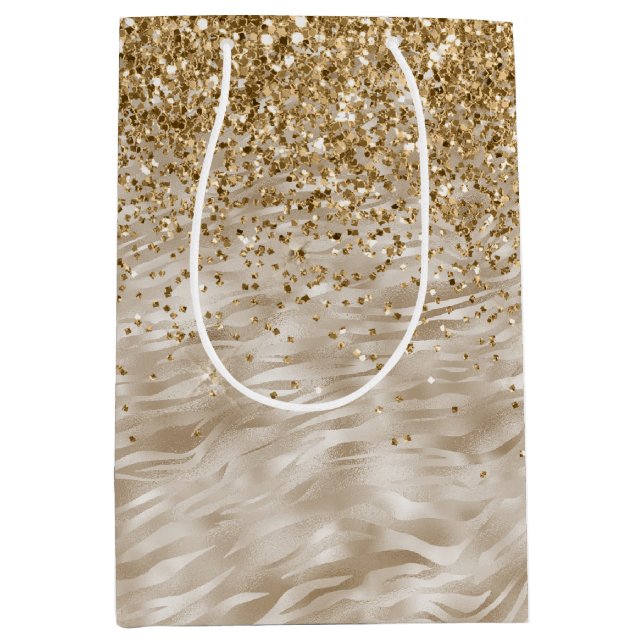 Sac Cadeau Moyen Zebra Print Faux Gold Parties scintillant (Devant)