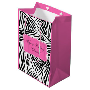 Sac Cadeau Moyen Zèbre noir et blanc Imprimer avec rose chaud Anniv