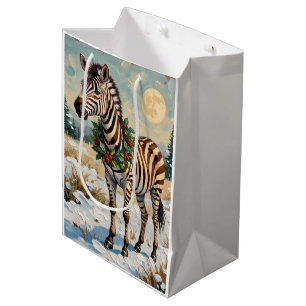 Sac Cadeau Moyen Zèbre vintage dans un champ de Noël enneigé